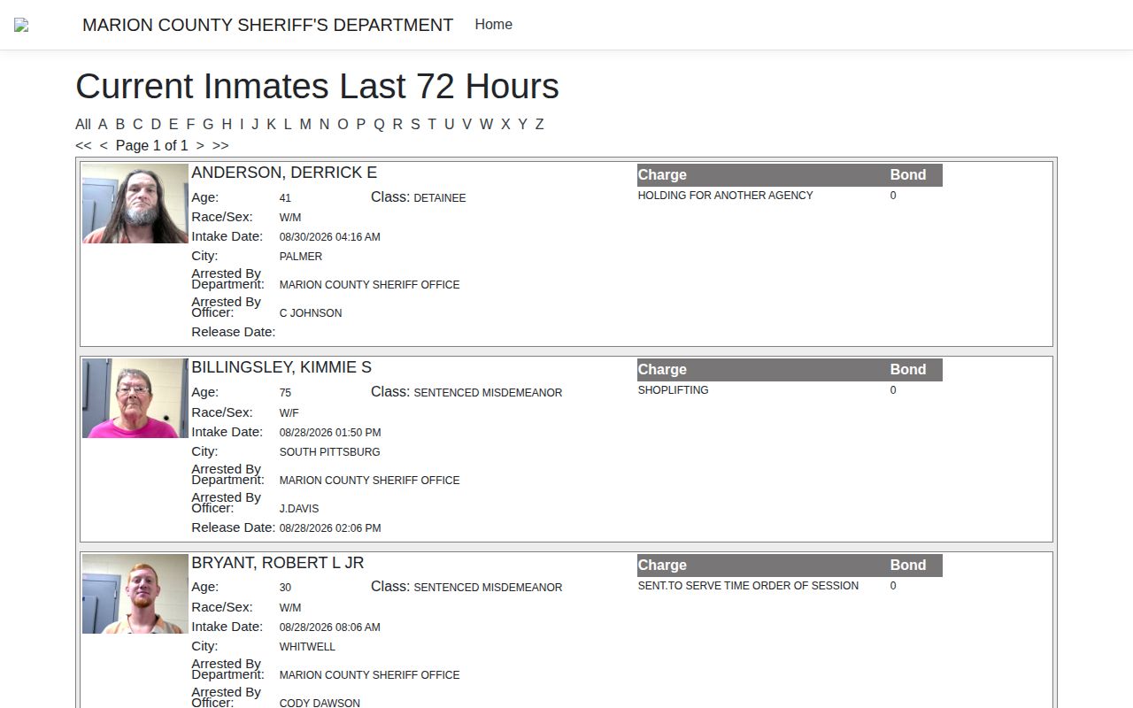 Marion County booking records in the official iSOMS last 72 hours view