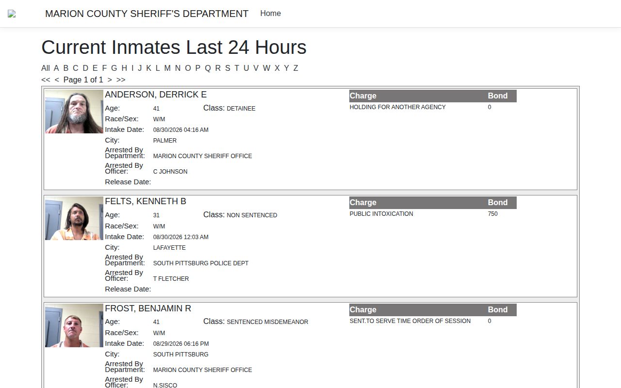 Marion County recent booking records in the official iSOMS last 24 hours view