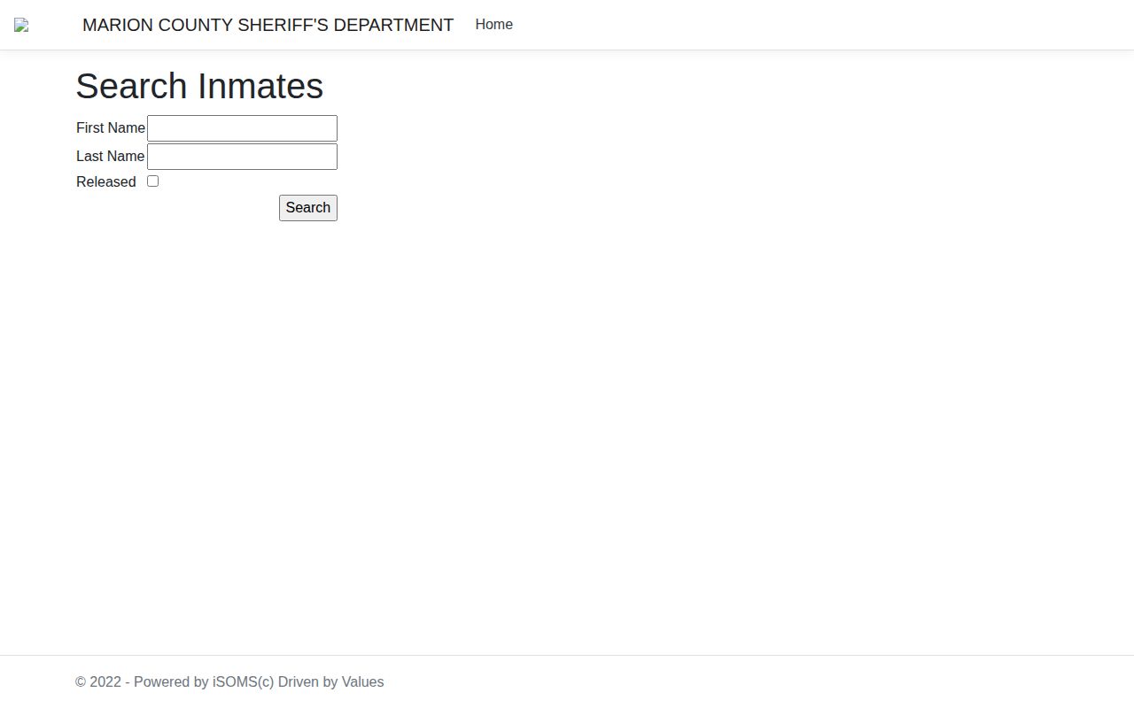Marion County booking record search form in the official iSOMS jail portal
